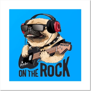 Pug dog on headphone playing guitar Posters and Art